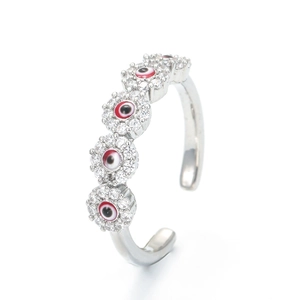Detail of silver adjustable evil eye ring with pavé zircons and colorful enamel inlay