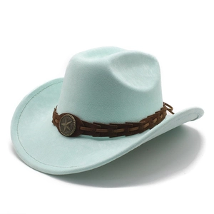 Mint green suede cowboy hat for men with brown leather band and star metal buckle