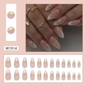 French marble press on nails with gold 3D bows and 24pcs nude pink manicure kit