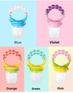 Detailed view of baby fruit feeders in blue, violet, orange, green, and pink colors