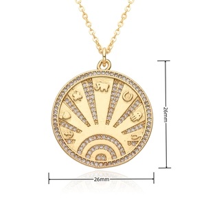 Macro view of 26mm gold plated coin pendant featuring lucky symbols and inlaid zircons