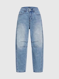Women's vintage light blue high-waist straight wide-leg jeans with seam details