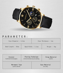 Detailed view of the quartz watch dial with Roman numerals and product specifications
