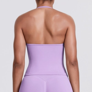Detailed back view of lavender purple seamless yoga set with halter open-back sports bra