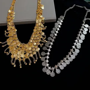 Bohemian gold and silver coin fringe necklace with geometric metal tassel detailing