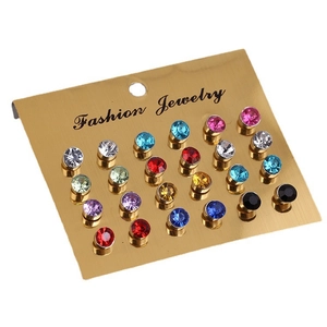 Set of 12 pairs multi-colored sparkling crystal stud earrings on gold display card