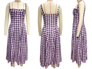 Three-way view of a purple plaid sundress showing front, back and side design details