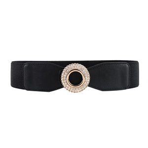 Women's black elastic waist belt with sparkling rhinestone circular gold buckle