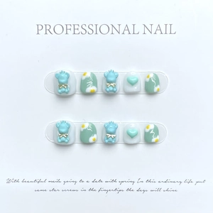 Press On Nails Short Round 3D Cartoon Blue Bear Heart Daisy Mint Green For Kids Girls Students