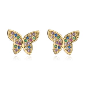 18K gold plated copper butterfly stud earrings with colorful zircon stones on white