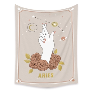 Aries zodiac wall tapestry with artistic hand illustration, roses and starry elements
