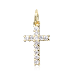 Gold cross pendant with sparkling round cubic zirconia stones on white background