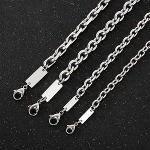 Men Necklace Bracelet Stainless Steel Curb O Chain With Blank Rectangular ID Tag Plate Fashion Jewelry Gold Silver