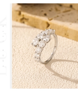 Macro view of a silver ring with dual rows of moissanite stones on a stone surface