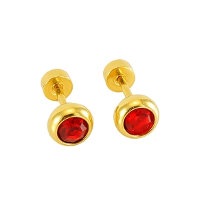 Classic gold stainless steel round stud earrings with faceted red stone in bezel setting