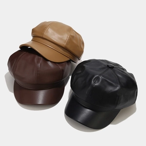 Faux leather octagonal newsboy caps for women in khaki, brown, and black colors
