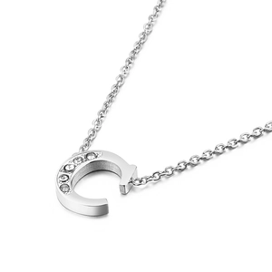 Minimalist silver letter C pendant necklace with sparkling cubic zirconia on a delicate O-chain