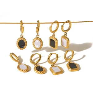 Exaggerated 18K gold plated stainless steel geometric hoop earrings with black and white inlays