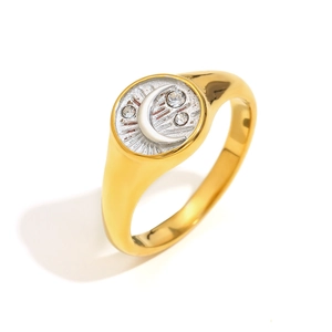 18K gold plated stainless steel signet ring with silver moon and star engraving