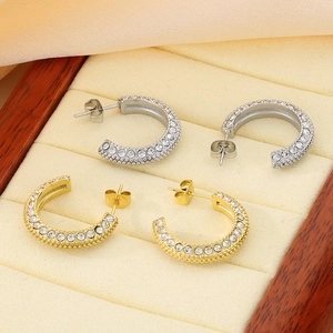 Stainless Steel C Shaped Hoop Stud Earrings 18K Gold Plated Cubic Zirconia Micro Pave Minimalist Jewelry For Women