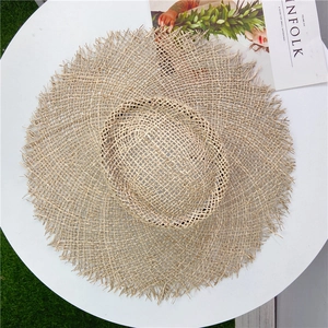 Retro khaki fringe seagrass straw hat with flat top for women's summer beach travel