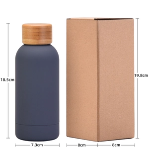 350ml stainless steel water bottle with bamboo lid and packaging box dimensions shown