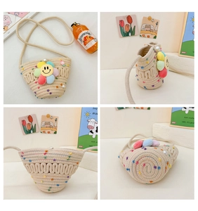 Detailed views of kids beige woven crossbody bag with colorful dots and smiley flower