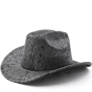 Western Cowboy Hat Wide Brim Vintage Crackle Texture Faux Leather Outdoor Sun Protection Retro Style