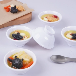 Miniature Chinese herbal chicken soup models with ceramic bowls and tiny food ingredients