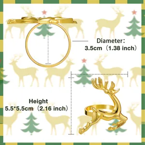 Golden reindeer Christmas napkin ring set with size dimensions for festive table settings