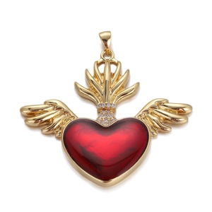 Detail of red enamel Sacred Heart pendant with 18k gold plating and crystal accents