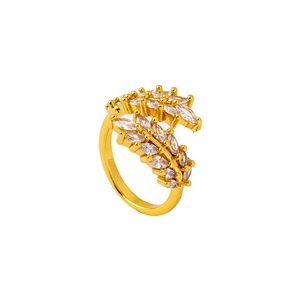 Luxurious gold wheat ear open ring with marquise-cut white zircon for women