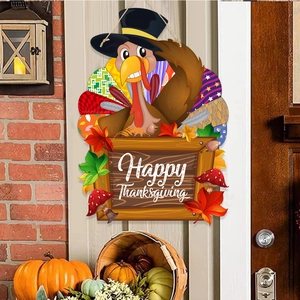 Cartoon turkey wooden sign with Happy Thanksgiving text hanging on a festive door