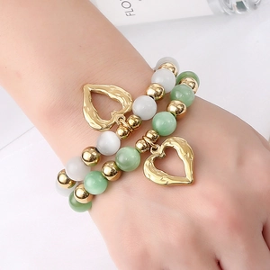 Beaded Bracelet Cat Eye Stone Stainless Steel Heart Pendant Hollow Elastic Sweet Fashion Jewelry Women
