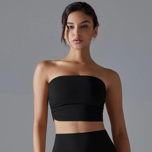 Close-up of black strapless tube top yoga bra with seamless elastic fabric details