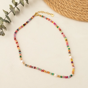 Bohemian colorful natural stone bead necklace with white pearls and gold titanium chain