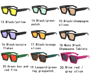 Grid display of nine vintage square sunglasses in various frame and lens color combinations
