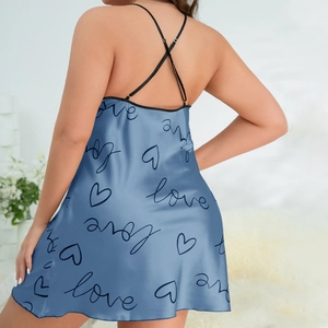 Plus size blue satin nightgown with heart print and backless crossover straps