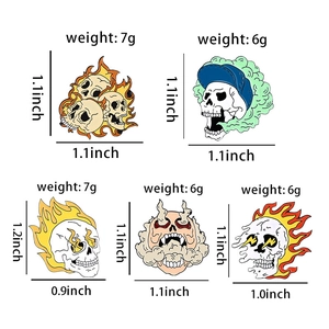Detailed size and weight specs for five punk gothic flame skull enamel pins set