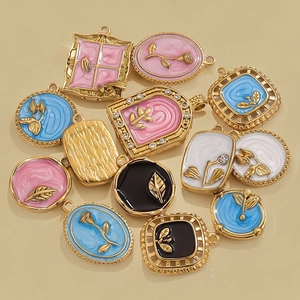 Retro Stainless Steel Enamel Floral Pendants Vintage Oil Painting Charms With Rhinestone For DIY Jewelry Making Accessories