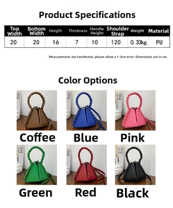 Detailed size specifications and six color variants for the triangle geometry PU handbag