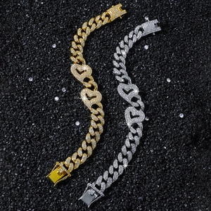 Hip hop iced out heart Cuban link bracelets in gold and silver finish with full rhinestones