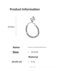 Detail view of crystal adjustable tennis bracelet with dimensions and material specs