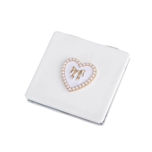 Mini white PU leather portable makeup mirror with pearl heart and golden bow design