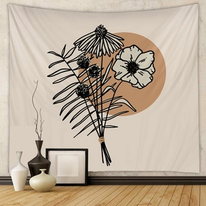 Minimalist botanical line art tapestry showing hanging sunflower design on white wall