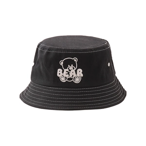 Kids black cotton bucket hat with bear embroidery and white contrast stitching detail