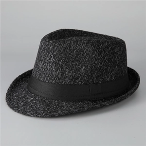 Detail of dark gray wool felt fedora with textured weave and black ribbon band