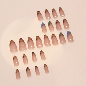 Almond-shaped press-on nails with leopard print and blue-green color block design