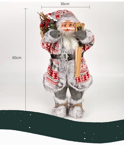 Detailed size view of Santa Claus figurine with wooden skis and grey faux fur coat