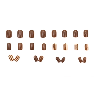 Brown almond press-on nails with white vertical stripes and minimalist dot patterns